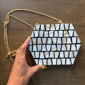 RAMLA Handmade Mother-of-Pearl Mosaic Geometric Evening Bag with Gold Chain